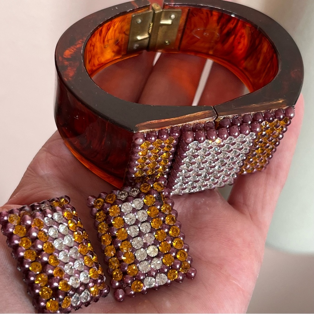 Vintage 1940 Art deco Tortoiseshell lucite Rhinestone Wide Bracelet earring set